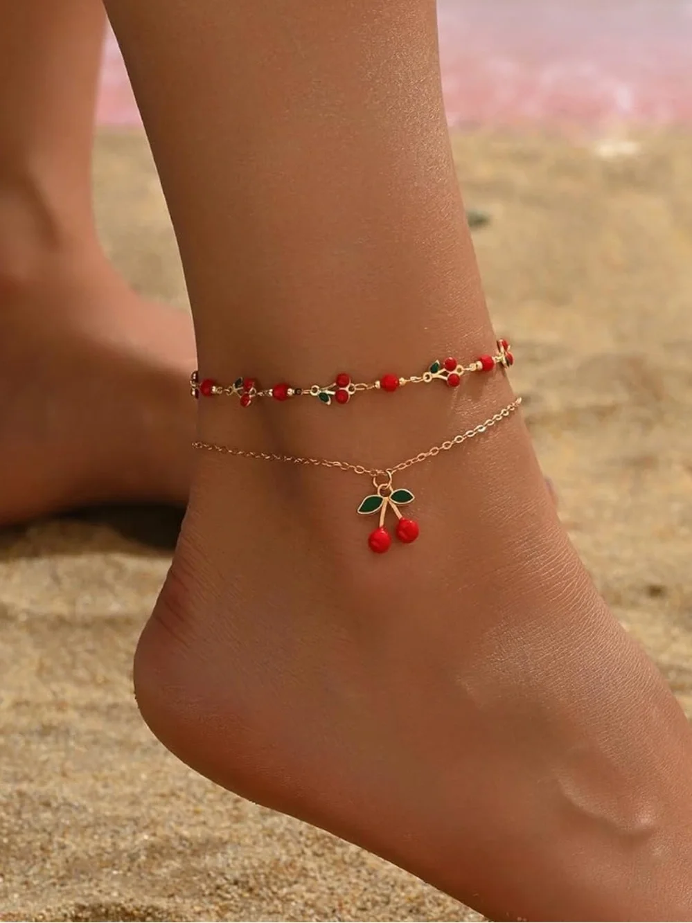 Anthropologie Gold-Tone Cherry Bracelet Set with Red and Green Accents